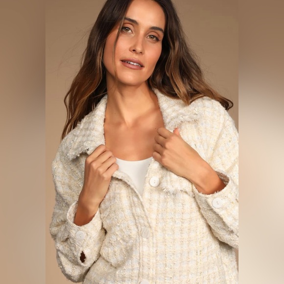 Take Notes Ivory Plaid Tweed Shacket - Picture 2 of 6